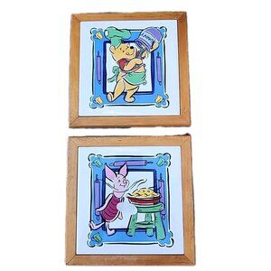 VTG Disney Winnie Pooh Chef & Piglet Treasure Craft Ceramic Tile Trivet Set Of 2